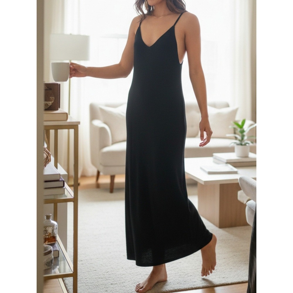 Freshman 1996‎ Black Ribbed Knit Maxi Slip Dress Spaghetti Straps V Neck size M - Picture 2 of 7